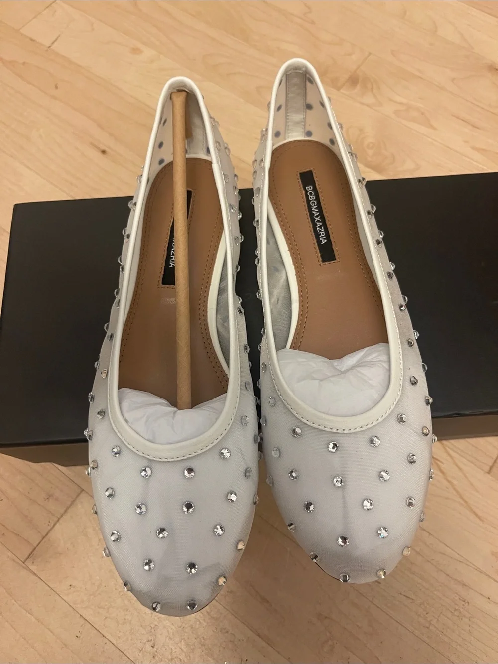 BCBGMaxAzria White Crystal-Studded Ballet Flats